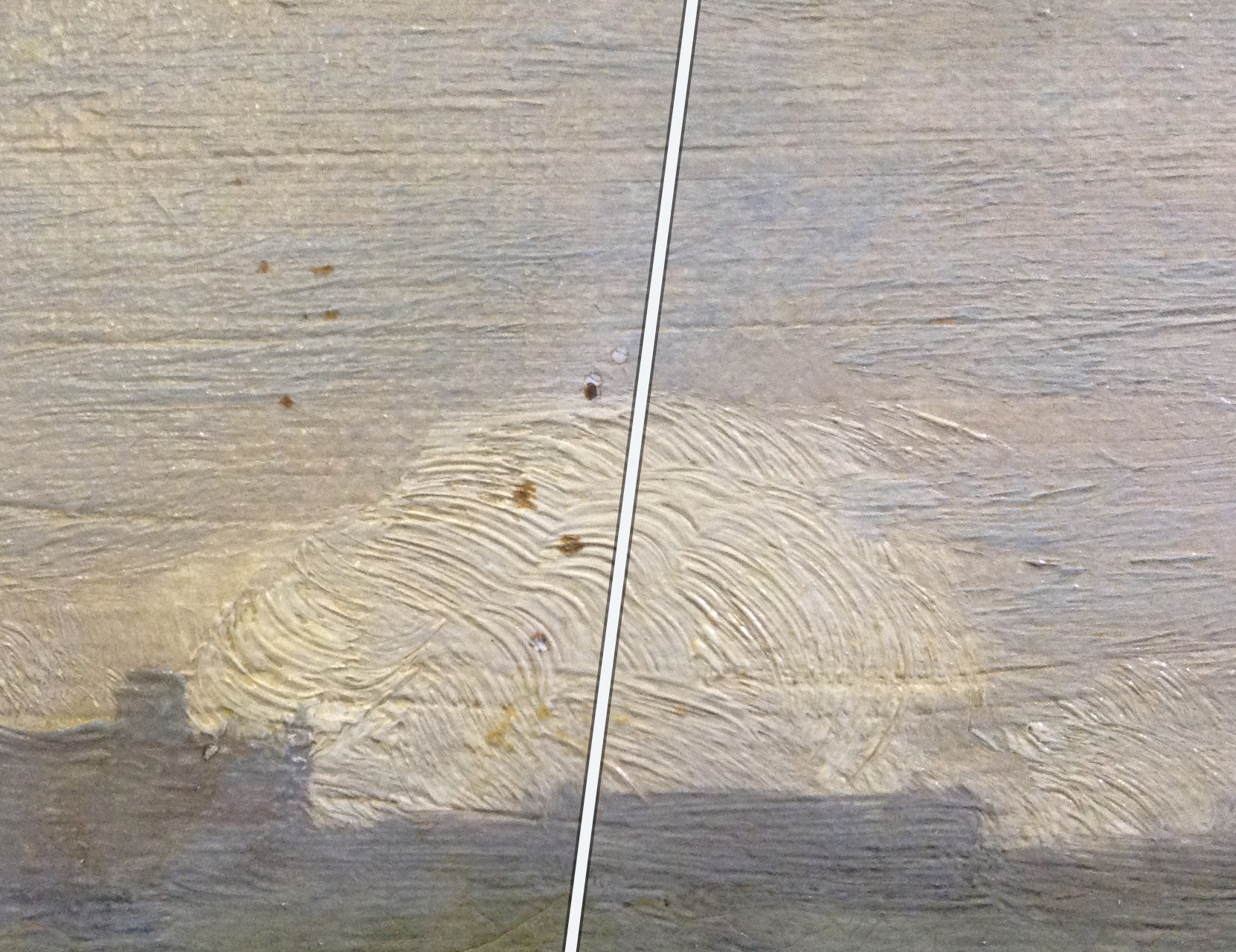Half of the image is duller and has small spots on, the other half is clean, and vivid.